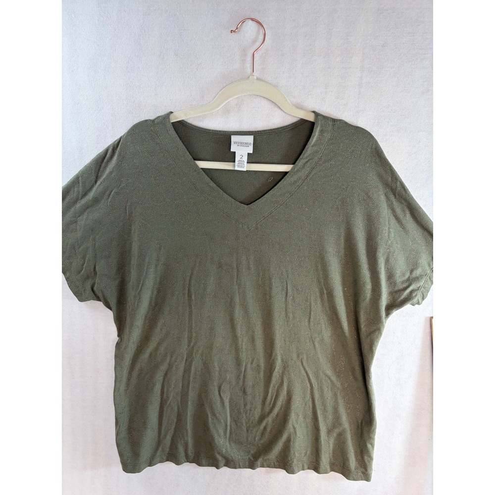 Weekends by Chicos Olive 2 (L) Gold Studded Animal Print V-Neck Top Size 2 Large